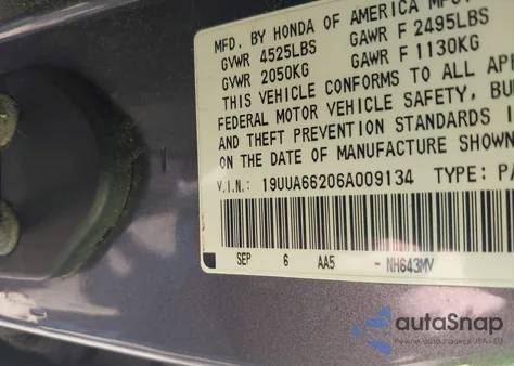 2006 Acura Tl from USA, damaged, VIN 19UUA66206A009134
